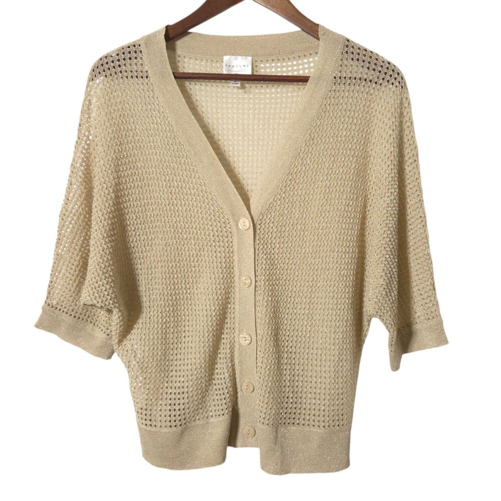 Anonyme Open Knit Cardigan M Womens Crochet Sweater Dolman Sleeve Beige Gold